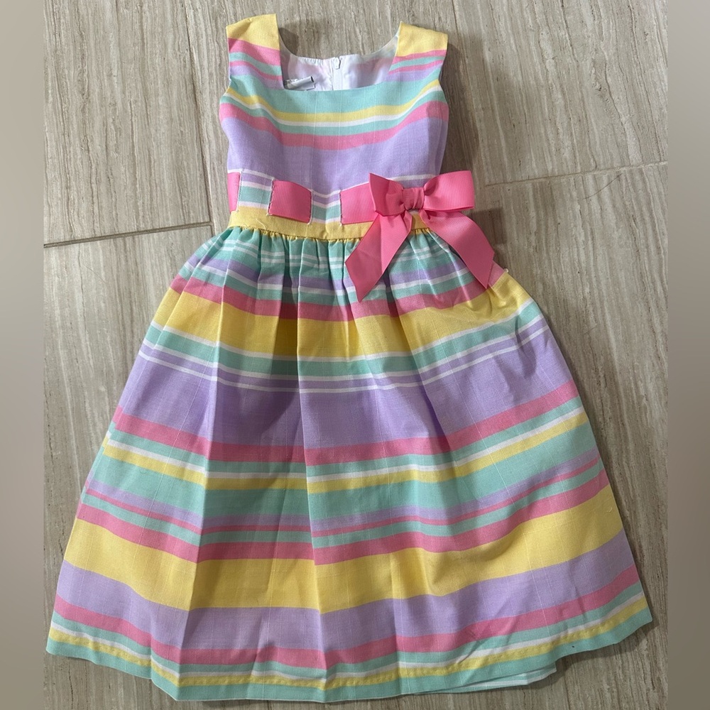Bonnie Jean Multicolor Striped Dress with Pink Bow